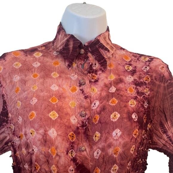 Fantazia Pink and Purple Tie-Dye Silk Blend Long Sleeve Lightweight Blouse, Med - Picture 3 of 5